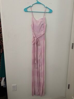 AFRM XS Pink Houndstooth Jumpsuit Wide Leg Belted Mod